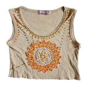 Y2k Beaded Cropped Tank Top Faircycore Euro Vibes Caramel - Small